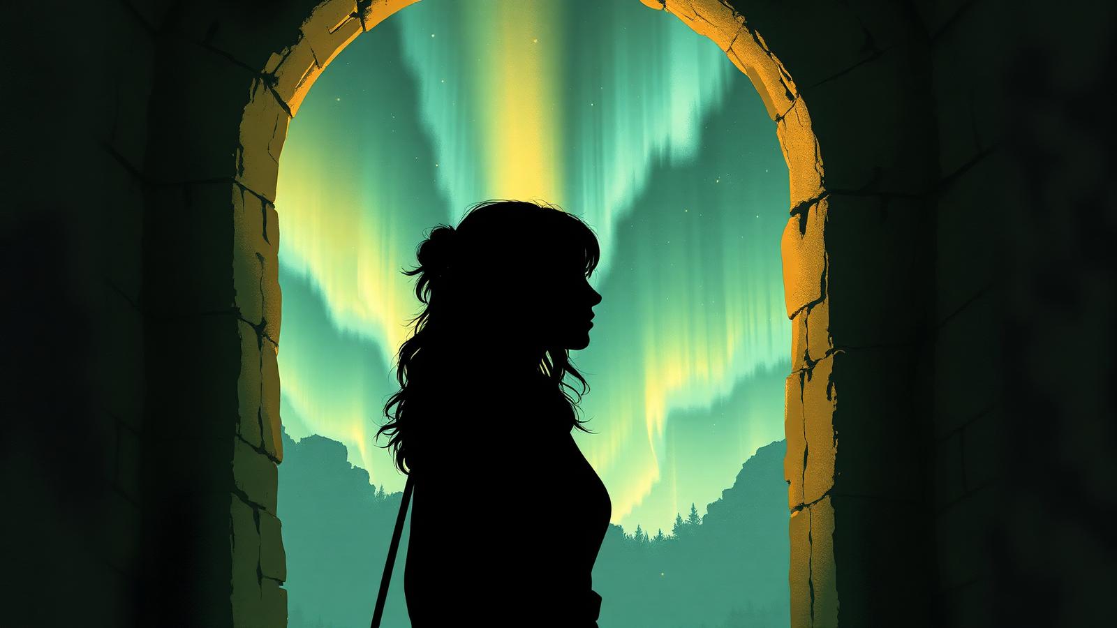 Silhouette before an aurora portal
